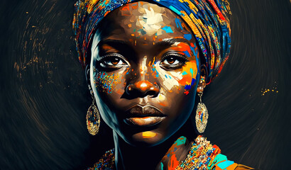 abstract painting concept. colorful art portrait of a black woman with modern turban. african cultur