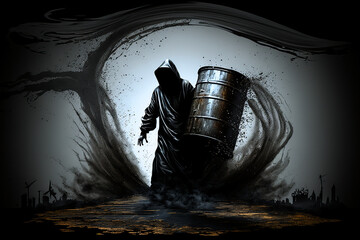 Wall Mural - concept of grim reaper emerging from oil barrel
