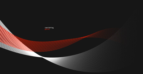 Wall Mural - Abstract background vector illustration, red and black dots in motion by curve lines, particles flow wave isolated, monochrome black and white illustration.