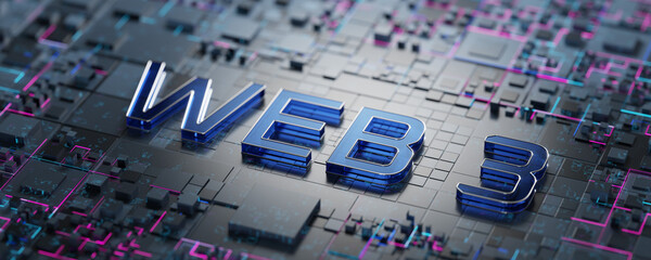 WEB 3.0 The concept of decentralized internet. The inscription Web 3.0 on a technological background. rendering.