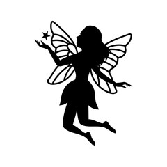 Wall Mural - Silhouette of beautiful fairy. Mythical tale character logo. Little creature with wings. Magical fairy in dress