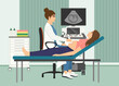 Medicine concept ultrasound pregnant woman scan and diagnostics. Doctor scanning pregnancy with scanner machine in hospital. Consultation and diagnosis. Fetal ultrasound medical vector illustration.