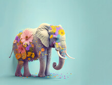 Pastel Animal Concept, Love, Cute Animal Covered With Fresh Spring Flowers All Over Body. Elephant In Flower. Illustration. Generative AI.