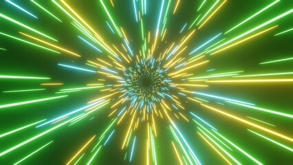 Abstract hyper-speed neon light background. Retro green, blue, and yellow neon hyper warp. Sci-fi speed of light in galaxy. Time travel hyper jump. 3d illustration.