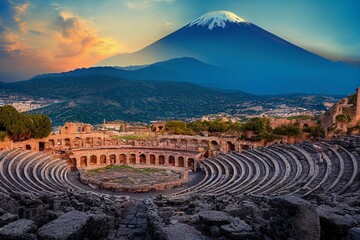 ruins of ancient greek theater in taormina and etna volcano in the backgroun. generative ai