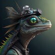 lizard fantasy futuristic scientist glasses ugly close up varanus reptile face genius traveller pilot Generative AI 
