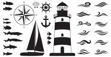 Lighthouse Illustration, Boat Anchor And Yacht Steering Wheel, Vessel With Sail, Wing Rose Flat Icon, Different Types Of Fish Vector Collection. Marine Sailing Elements, Ship Equipment, Shell, Waves