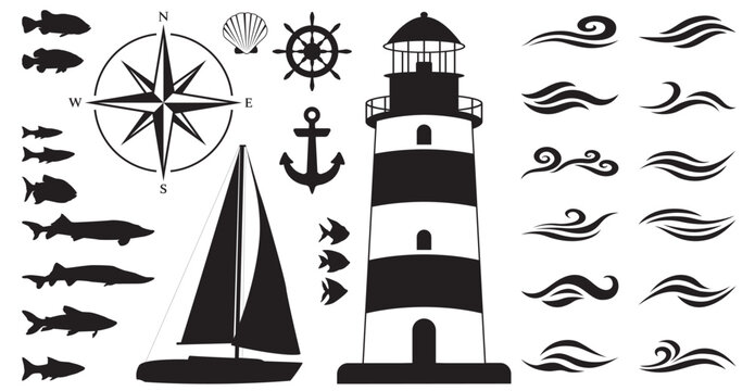 lighthouse illustration, boat anchor and yacht steering wheel, vessel with sail, wing rose flat icon