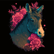 Donkey Among The Flowers. Dark Background. Suitable For T-shirts, Clothing, Mugs, Posters, Covers, Notebooks, Books, Interior Design.