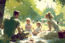 A Digital Painting Of A Happy Family Enjoying A Summer Picnic In A Green Park - AI Generative