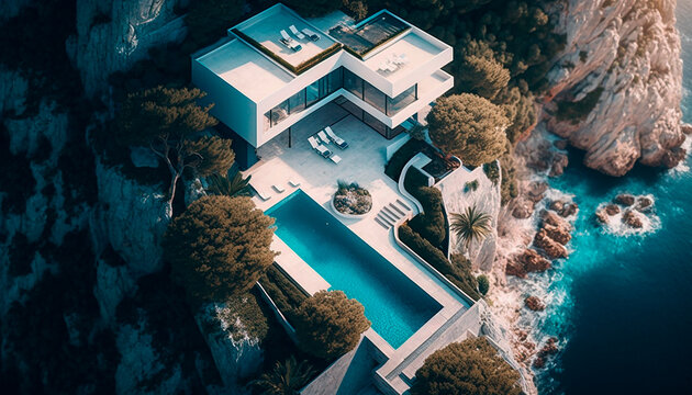 high quality aerial drone picture of ultra modern house, villa with great, wonderful garden und beautiful pool high up on a mountain, with beach and the sea, generative ai