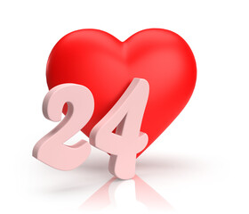 Heart number twenty four or 24 for valentine's day or anniversary. An digit idea for a banner or card for love. 