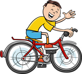 Wall Mural - happy cartoon boy character riding a bicycle