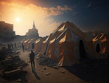 Refugee Camp For Homeless People After Natural Disasters Or War, Refugee Tent City Among Building Ruins By Earthquake, Temporary Emergency Shelter For Disadvantaged People, Generative AI