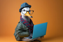 Studio Photo Portrait Of A Happy Duck In Hipster Cloth, Concept Of Hipster Fashion And Animal Portrait, Created With Generative AI Technology