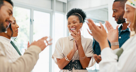 Wall Mural - Business people, diversity and clapping in high five, teamwork or collaboration in company growth, target or global goals. Smile, happy or office applause, winner celebration or success hands gesture