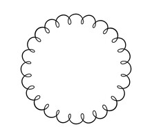 Doodle Circle Scalloped Frame. Hand Drawn Scalloped Edge Ellipse Shape. Simple Round Label Form. Flower Silhouette Lace Frame. Vector Illustration Isolated On White Background.
