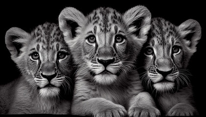 schwarz weiß portrait von drei löwenbabys. perfektes wandbild - generative ai