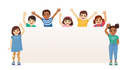 Wall Mural - Smiling kids boys and girls standing behind empty blank board waving hands isolated vector illustration. Multiethnic happy children with placard.