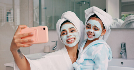 Poster - Selfie, facial and family with a mother and daughter in the bathroom of their home together. Children, love and photograph with a woman and girl kid posing for a picture while bonding in the house