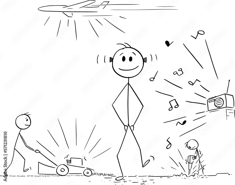 Person With Ear Plugs Hears no Loud Noise , Vector Cartoon Stick Figure ...