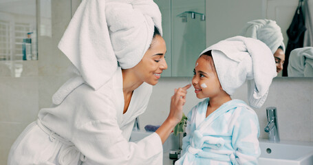 home spa, mother and child doing morning beauty cleaning with family product for dermatology, cosmet
