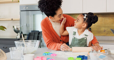 Cooking, learning and mother and girl in kitchen for food, health and breakfast at morning. Help, wellness and happy with mom and child at table in family home for baking, cake and dessert lifestyle