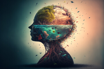 World environment and mother earth day concept with double exposure of  Earth and a woman`s head. Generative ai.