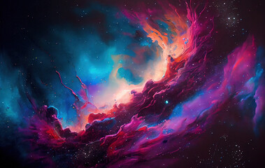 Purple, red and blue space with stars. Fantasy galaxy generative AI background