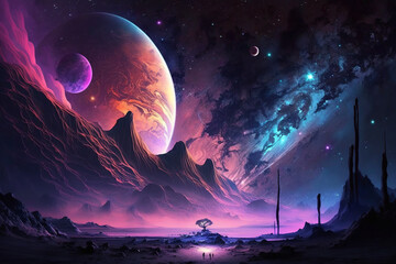 Wall Mural - colored bank scene found with planet-in-the-distance illustrations for banners, backgrounds, wallpap