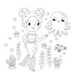 Coloring page with mermaid and octopus. Fairy tale character. Cartoon kawaii style. Black and white vector illustration for coloring book.