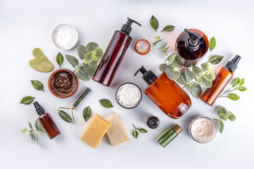 natural organic skin care flat lay. natural organic beauty cosmetic products on white background: ha