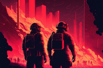 Illustration of firefighter in action, fighting with fire. Concept for poster or template for international firefighters day. Generative AI