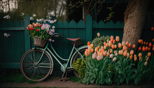 Beautiful Bouquet Of Spring Flowers In Vintage Style Bicycle Wooden Crate. Space To Place Text.