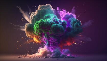 Sticker - Splashes of purple paint powder. Streams of fairy dust with shiny particles and sparks. Purple clouds of fog. Beautiful modern illustration, template for your design. AI