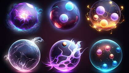 Canvas Print - Magic spheres, energy balls with mystical glow, lightning and sparks. Fantastic shiny circles for game design.Beautiful modern illustration, template for your design. AI