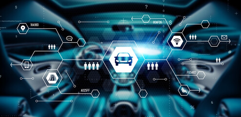 Poster - Futuristic car interior and communication network concept. Wide angle visual for banners or advertisements.