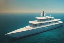 A Large Luxury Yacht, Docked In Front Colorful Coastal Town. AI Generated Art Illustration. Generative AI