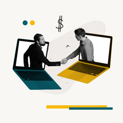 Contemporary art collage. Conceptual design. Deal. Employees sticking out laptop screen and shaking hands. Profitable cooperation and partnership. Concept of business, career development, success