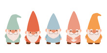Set Of Cute Garden Gnomes. Isolated On A White Background. Flat Cartoon Vector Illustration EPS10.
