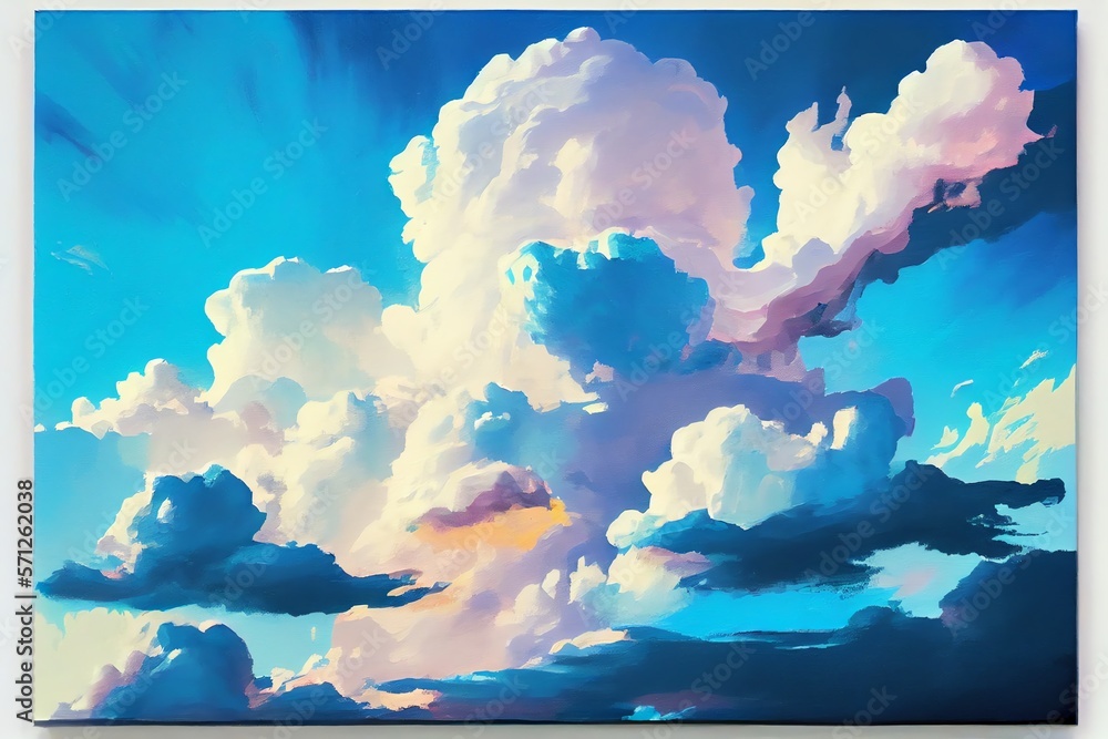 A painting of a sky with clouds and a sky background with a white and ...