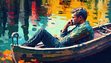 A Young Man Resting On A Boat. Impressionist Colorful Oil Painting Illustration. Made With Generative AI.