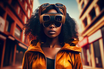 Wall Mural - Beautiful african american woman wearing virtual reality glasses in the city. AI. Generative AI