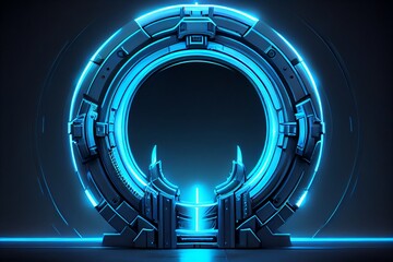 Wall Mural - futuristic blue glowing neon round portal. sci fi metal construction. generative ai