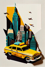 New York City Art Collage, Manhattan Art Collage, Trendy Poster, AI Generative, NY Taxi, Empire State Building Poster, Big Apple Wall Art, Modern Poster, Art Collage, Vintage Style Art Poster, US Wall