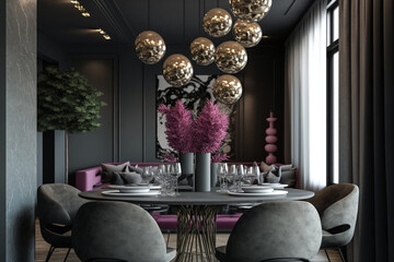 Wall Mural - Diningroom in dark gray colors. Taupe withmicrocement walls and black details. Glass balls chandeliers. Minimalistic room with viva magenta, Idea for interior design. AI