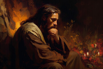 Sticker - Jesus Christ praying in the garden of Gethsemane. Oil painting style Christian art
