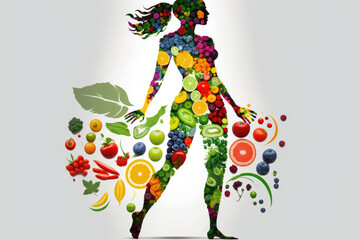 Human body silhouette made of healthy food. Generative AI