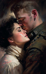 Romantic portrait of lovers in military style clothing Generative AI