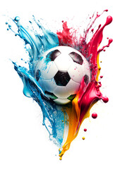 Football in colorful water splashes, on white background. Abstract white background with colored floating liquids and realistic soccer ball. Generative AI